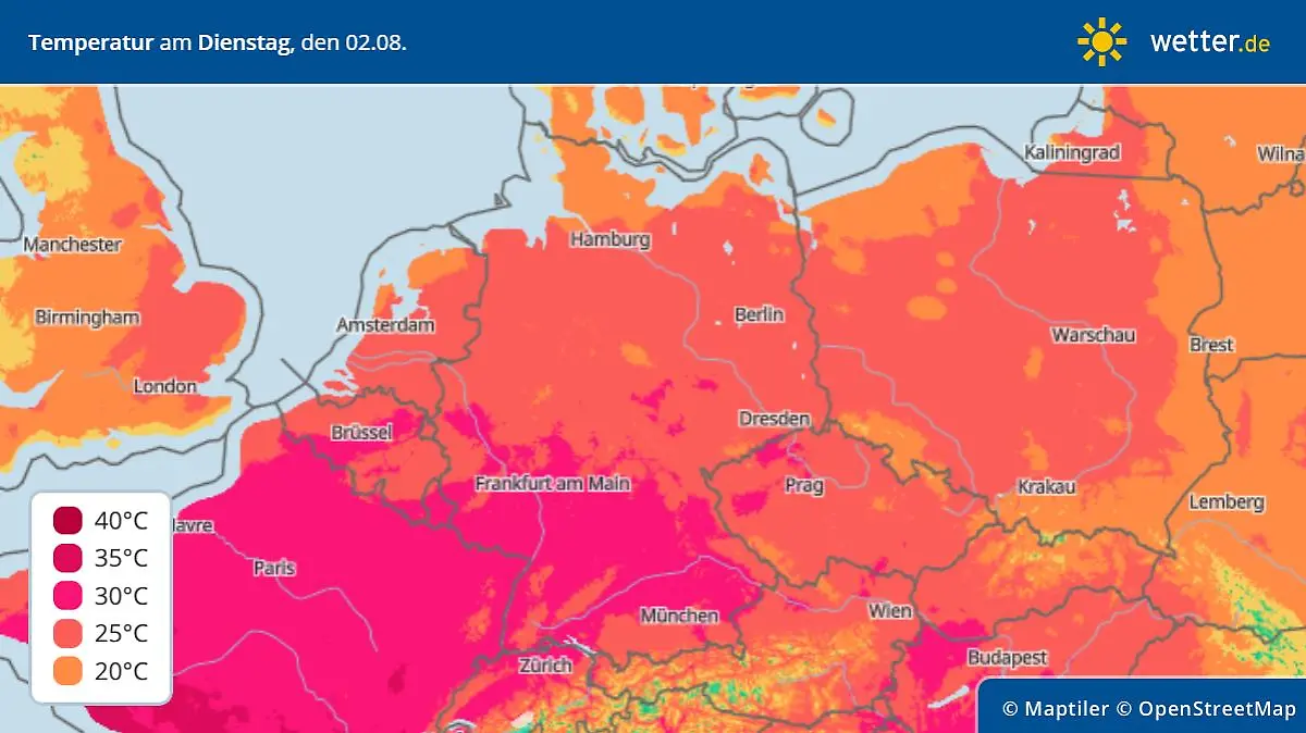 Temperaturhöchstwerte am Dienstag, 2. August