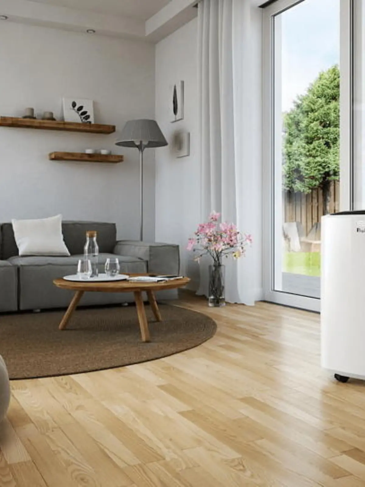 Eine mobile Klimaanlage im Wohnzimmer.