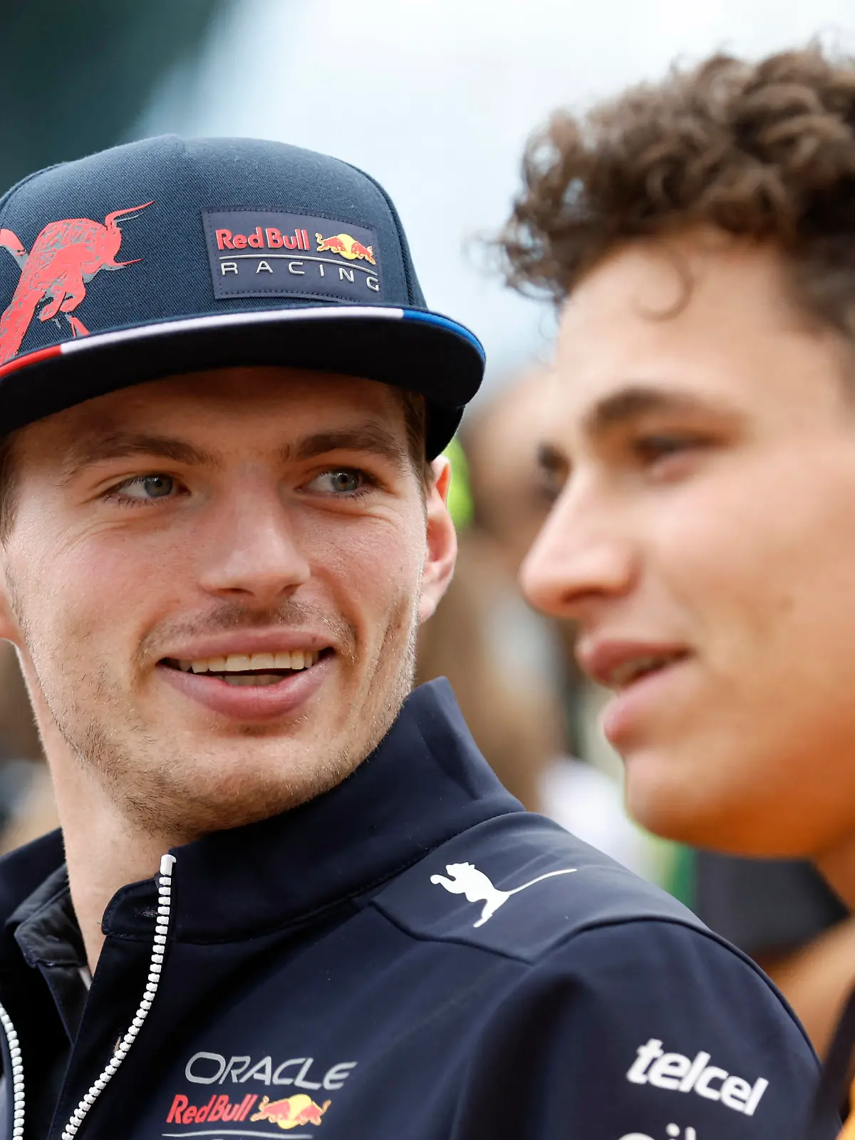Formula One F1 - British Grand Prix - Silverstone Circuit, Silverstone, Britain - July 3, 2022 Red Bull's Max Verstappen and McLaren's Lando Norris before the race REUTERS/Peter Cziborra