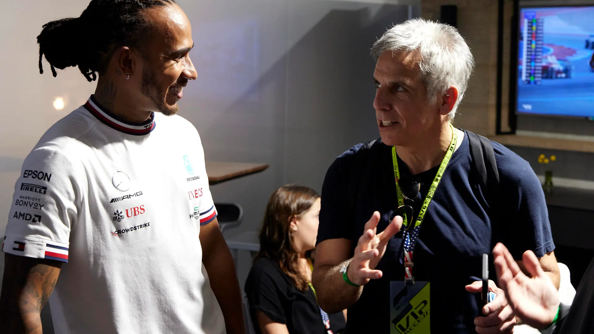 Formula 1 2021: United States GP CIRCUIT OF THE AMERICAS, UNITED STATES OF AMERICA - OCTOBER 23: Sir Lewis Hamilton, Mercedes, with actor Ben Stiller during the United States GP at Circuit of the Americas on Saturday October 23, 2021 in Austin, United States of America. Photo by Steve Etherington / LAT Images Images PUBLICATIONxINxGERxSUIxAUTxHUNxONLY GP2117_215852SNE49688