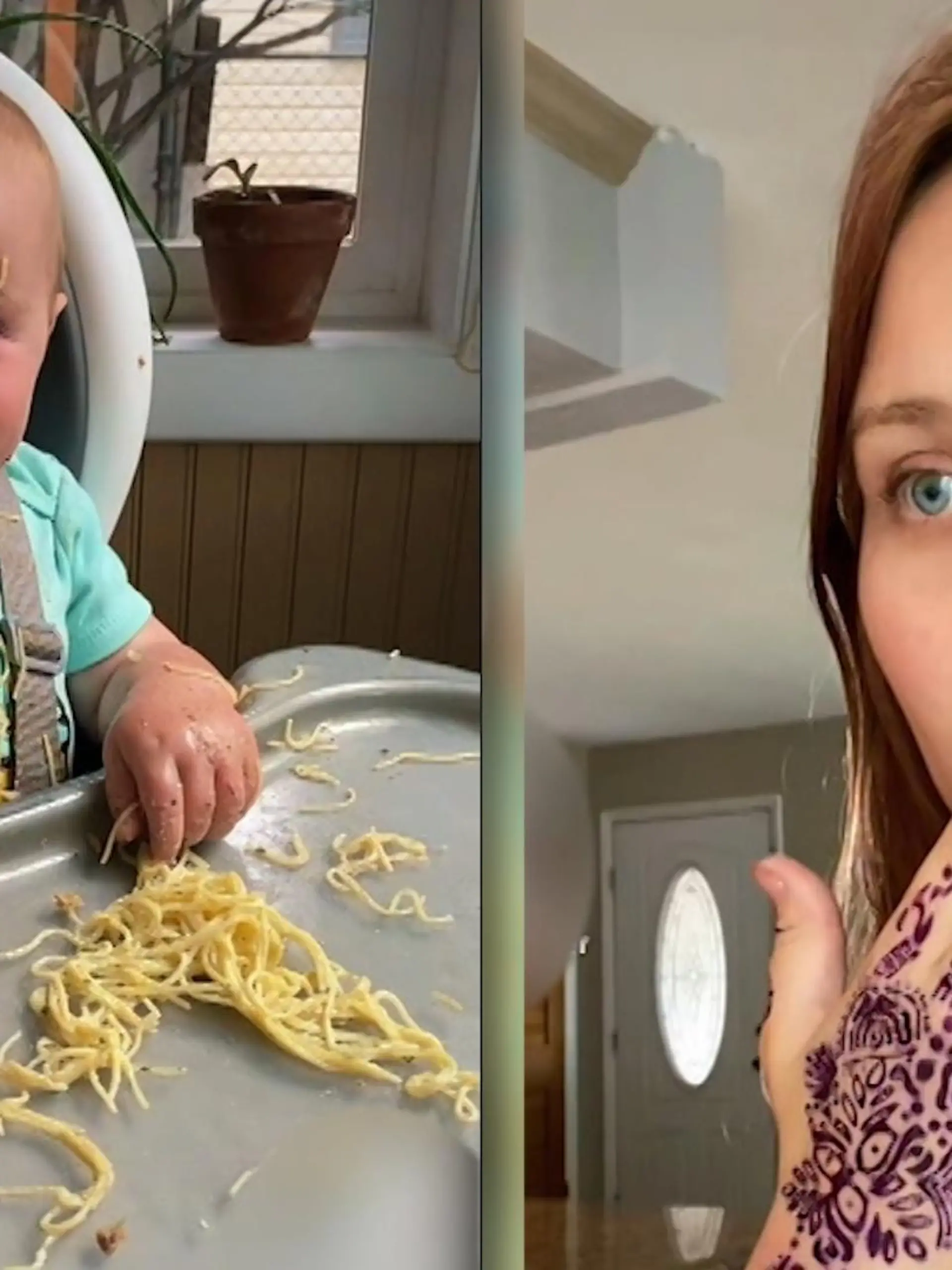 Der Blick der Mutter in diesem Video verrät eigentlich schon alles. Ihr Kind hat einen Teller Spaghetti vorgesetzt bekommen, während Mama kurz den Raum verlassen hat. Als sie wiederkommt.....hat ihr Kind den Teller natürlich fein säuberlich geleert und sich den Mund abgewischt. Natürlich nur ein Scherz - das Kind hat gefühlt ALLES dafür getan, mit den Nudeln möglichst viel Chaos anzurichten.