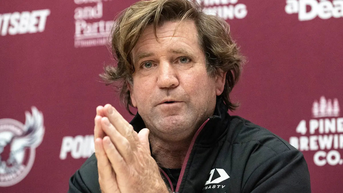 Des Hasler, coach of the Manly Sea Eagles in Australia's National Rugby League, speaks to media in Sydney, Tuesday, July 26, 2022. Seven Sea Eagles players have withdrawn from a match because they're unwilling to wear their club's LGBTQ inclusion jersey. (Flavio Brancaleone/AAP Image via AP)