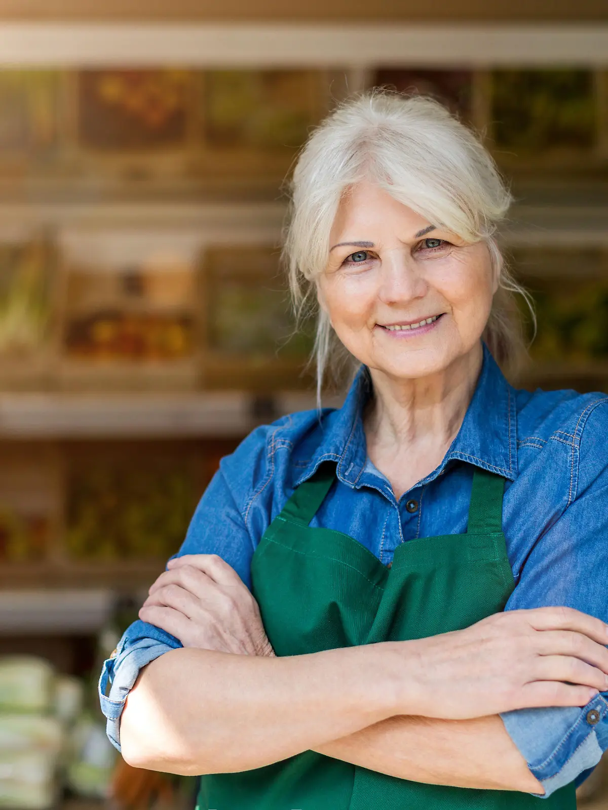 Portrait of confident owner with arms crossed standing in small grocery store