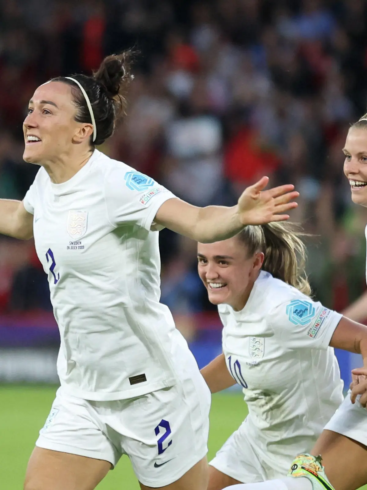 Soccer Football - Women's Euro 2022 - Semi Final - England v Sweden - Bramall Lane, Sheffield, Britain - July 26, 2022  England's Lucy Bronze celebrates scoring their second goal with teammates REUTERS/Carl Recine