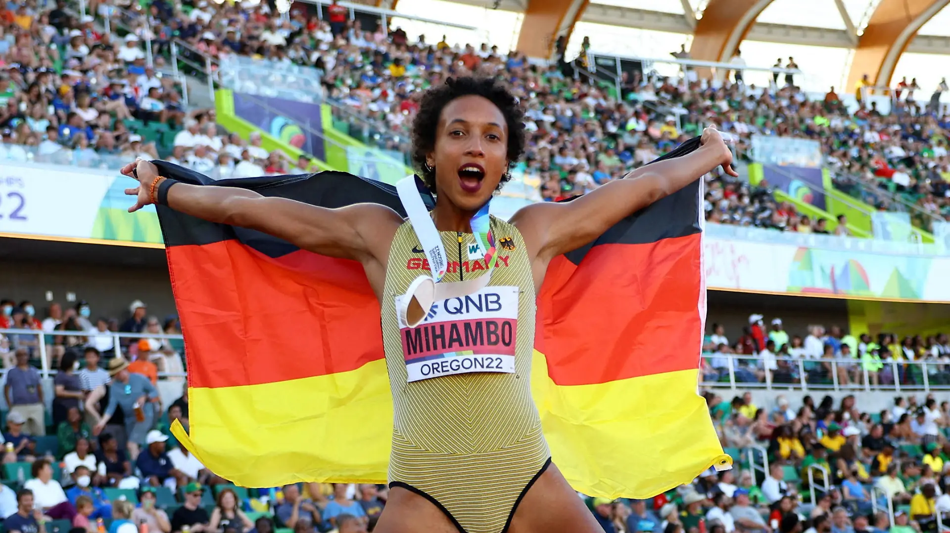 Athletics - World Athletics Championships - Women's Long Jump - Final - Hayward Field, Eugene, Oregon, U.S. - July 24, 2022 Gold medallist Germany's Malaika Mihambo celebrates winning the women's long jump final REUTERS/Kai Pfaffenbach TPX IMAGES OF THE DAY