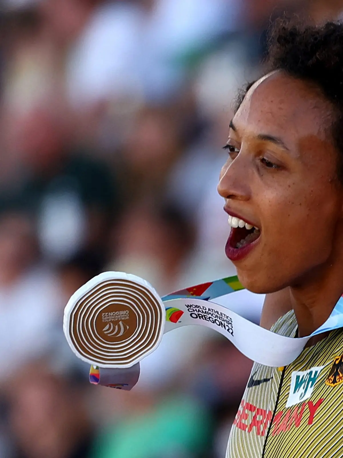 Athletics - World Athletics Championships - Women's Long Jump - Final - Hayward Field, Eugene, Oregon, U.S. - July 24, 2022 Germany's Malaika Mihambo celebrates winning the gold medal women's long jump final REUTERS/Kai Pfaffenbach