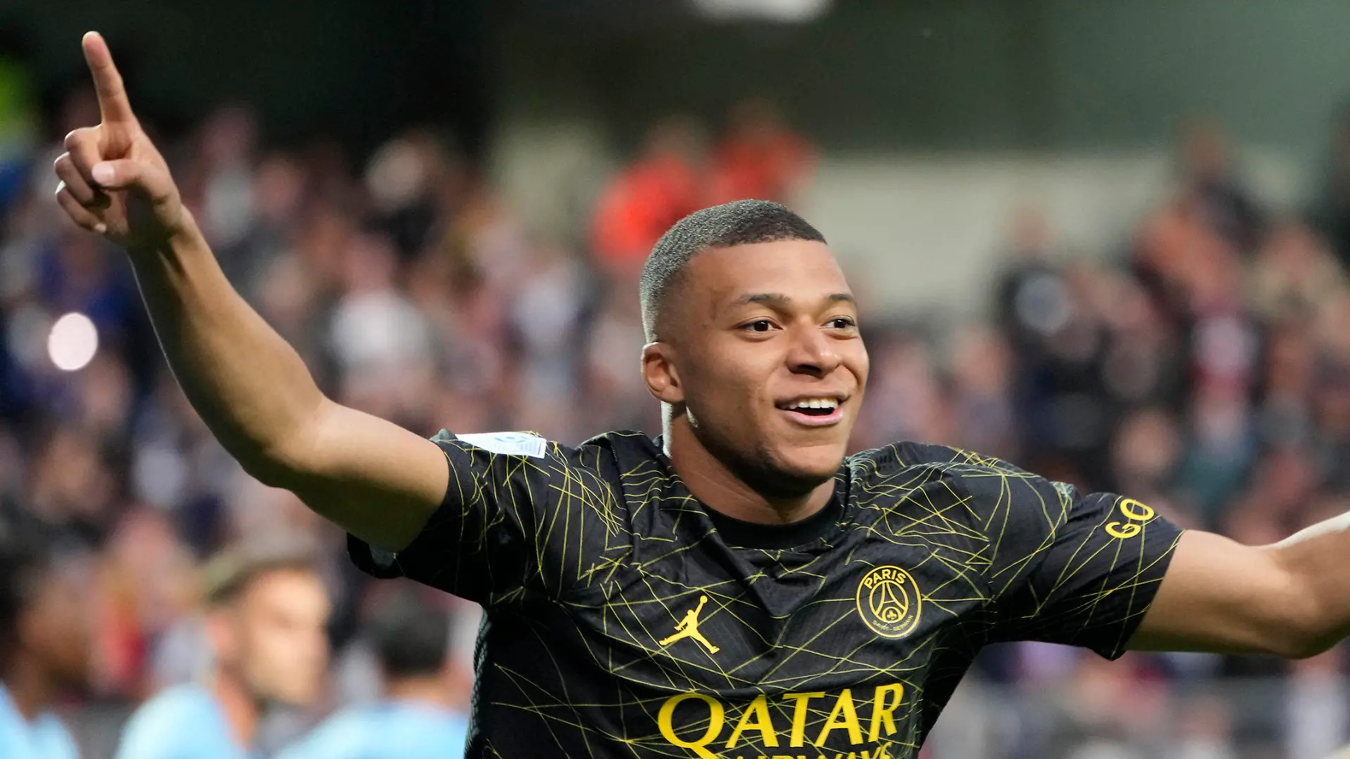 FILE - PSG's Kylian Mbappe celebrates after scoring his side's opening goal during the French League One soccer match between Troyes and Paris Saint Germain, at the Stade de l'Aube, in Troyes, France, Sunday, May 7, 2023. Saudi Arabian soccer team Al-Hilal has made a record $332 million bid for France striker Kylian Mbappe. Paris Saint-Germain has confirmed the offer and says it has given Al-Hilal permission to open negotiations directly with Mbappe. (AP Photo/Lewis Joly, File)