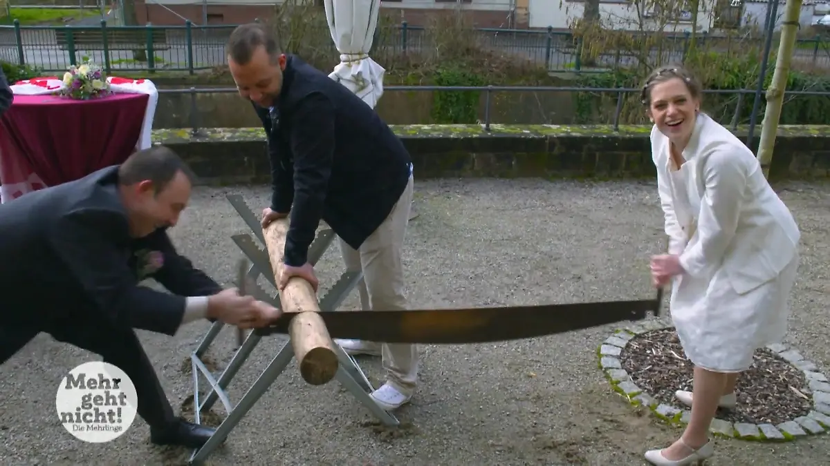 Einen Baumstamm als Test für die Ehe durchsägen Ganz schön anstrengend