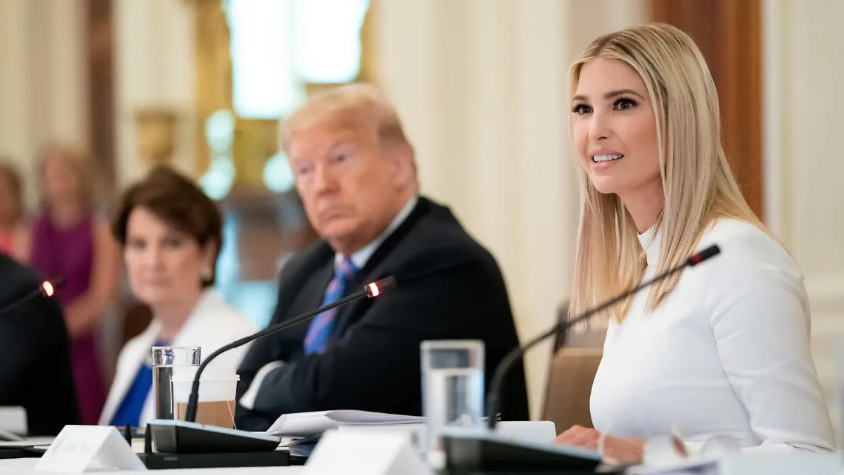 Ivanka Trump, speaks as co-chair of the American Workforce Policy Advisory Board. Her father, President Donald Trump, looks on, June 26, 2020 (BSLOC_2020_5_9)