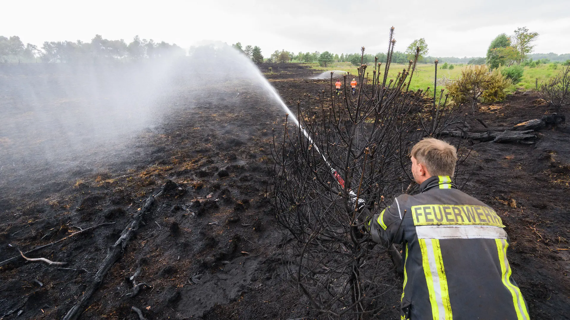 22.07.2022, Niedersachsen, Sassenburg: Ein Feuerwehrmann löscht einen Brand im Großen Moor im Landkreis Gifhorn. Am Donnerstag war im Moor ein Feuer auf einer Fläche der Größe von rund 35 Fußballfeldern ausgebrochen. Die Löscharbeiten werden nach Angaben der Feuerwehr voraussichtlich mehrere Tage andauern. Foto: Julian Stratenschulte/dpa +++ dpa-Bildfunk +++