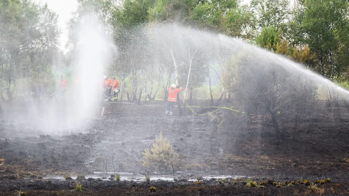 22.07.2022, Niedersachsen, Sassenburg: Feuerwehrkräfte löschen einen Brand im Großen Moor im Landkreis Gifhorn. Am Donnerstag war im Moor ein Feuer auf einer Fläche der Größe von rund 35 Fußballfeldern ausgebrochen. Die Löscharbeiten werden nach Angaben der Feuerwehr voraussichtlich mehrere Tage andauern. Foto: Julian Stratenschulte/dpa +++ dpa-Bildfunk +++