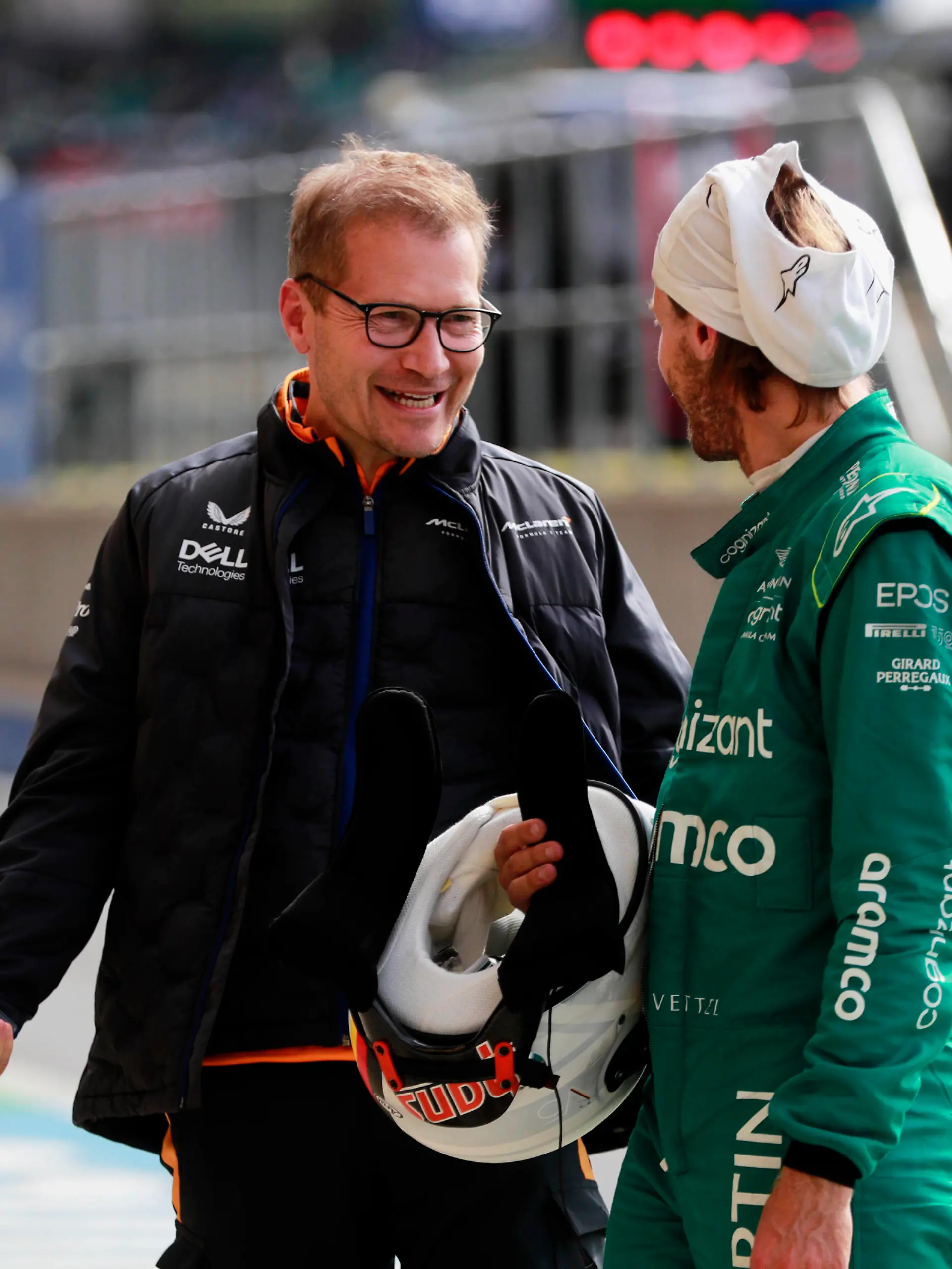Formula 1 2022: British GP SILVERSTONE CIRCUIT, UNITED KINGDOM - JULY 01: Andreas Seidl, Team Principal, McLaren, with Sebastian Vettel, Aston Martin during the British GP at Silverstone Circuit on Friday July 01, 2022 in Northamptonshire, United Kingdom. Photo by Steven Tee / LAT Images Images PUBLICATIONxINxGERxSUIxAUTxHUNxONLY GP2210_170741_1ST1566 