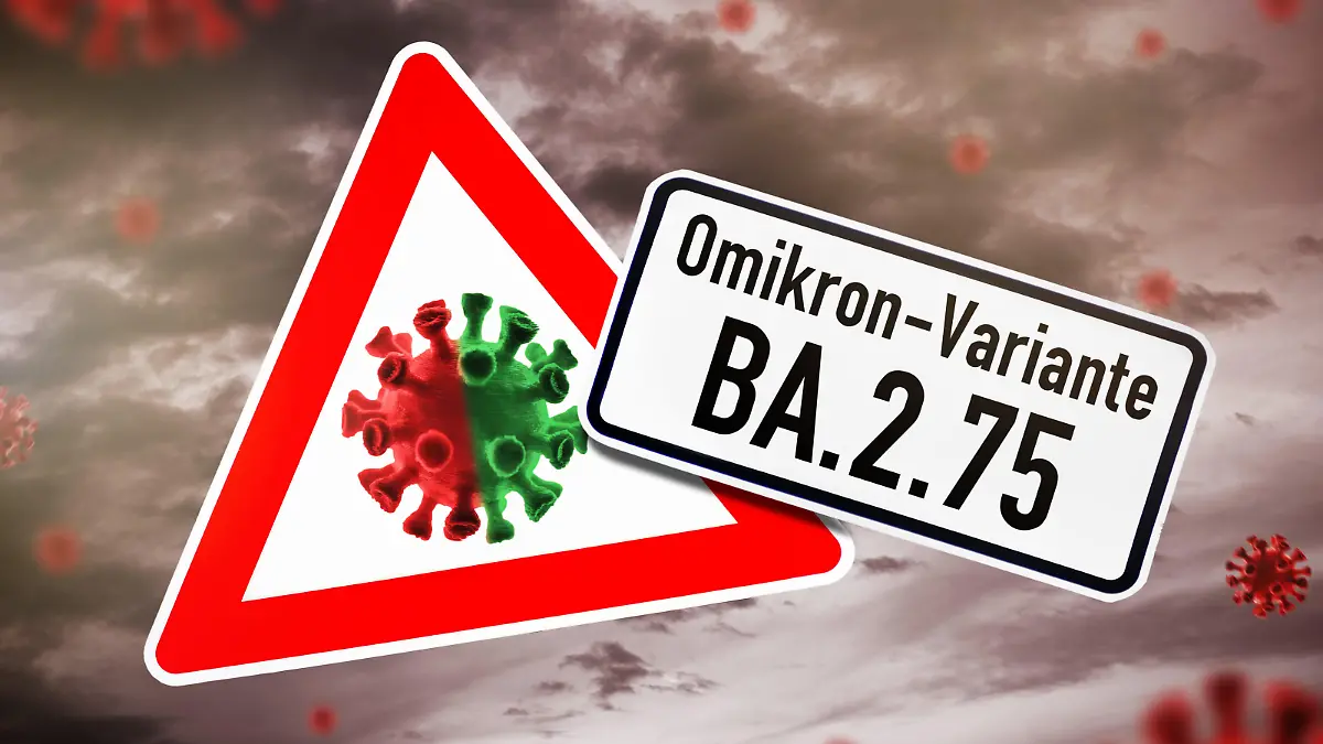 Schild mit Aufschrift Omikron-Variante BA.2.75 und Coronavirus-Symbol