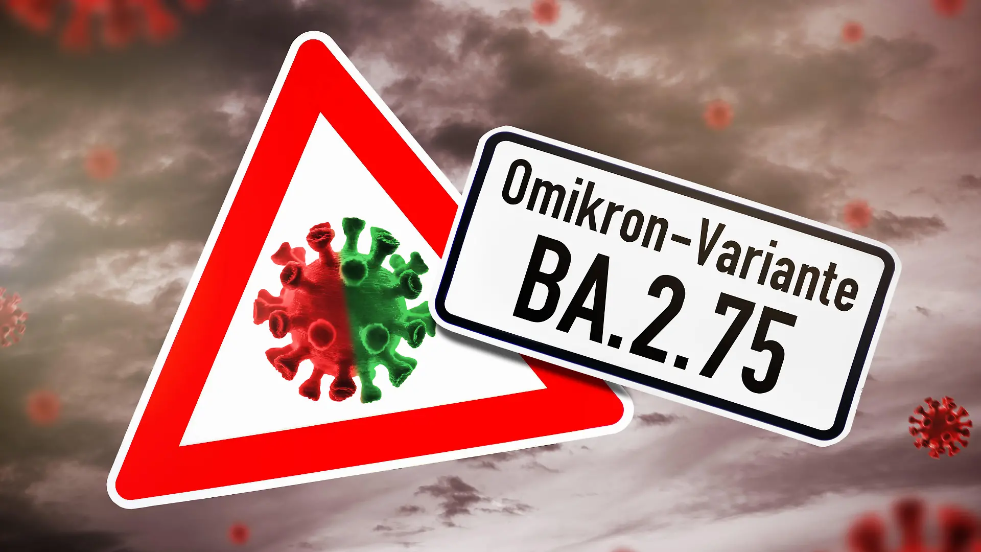 Schild mit Aufschrift Omikron-Variante BA.2.75 und Coronavirus-Symbol