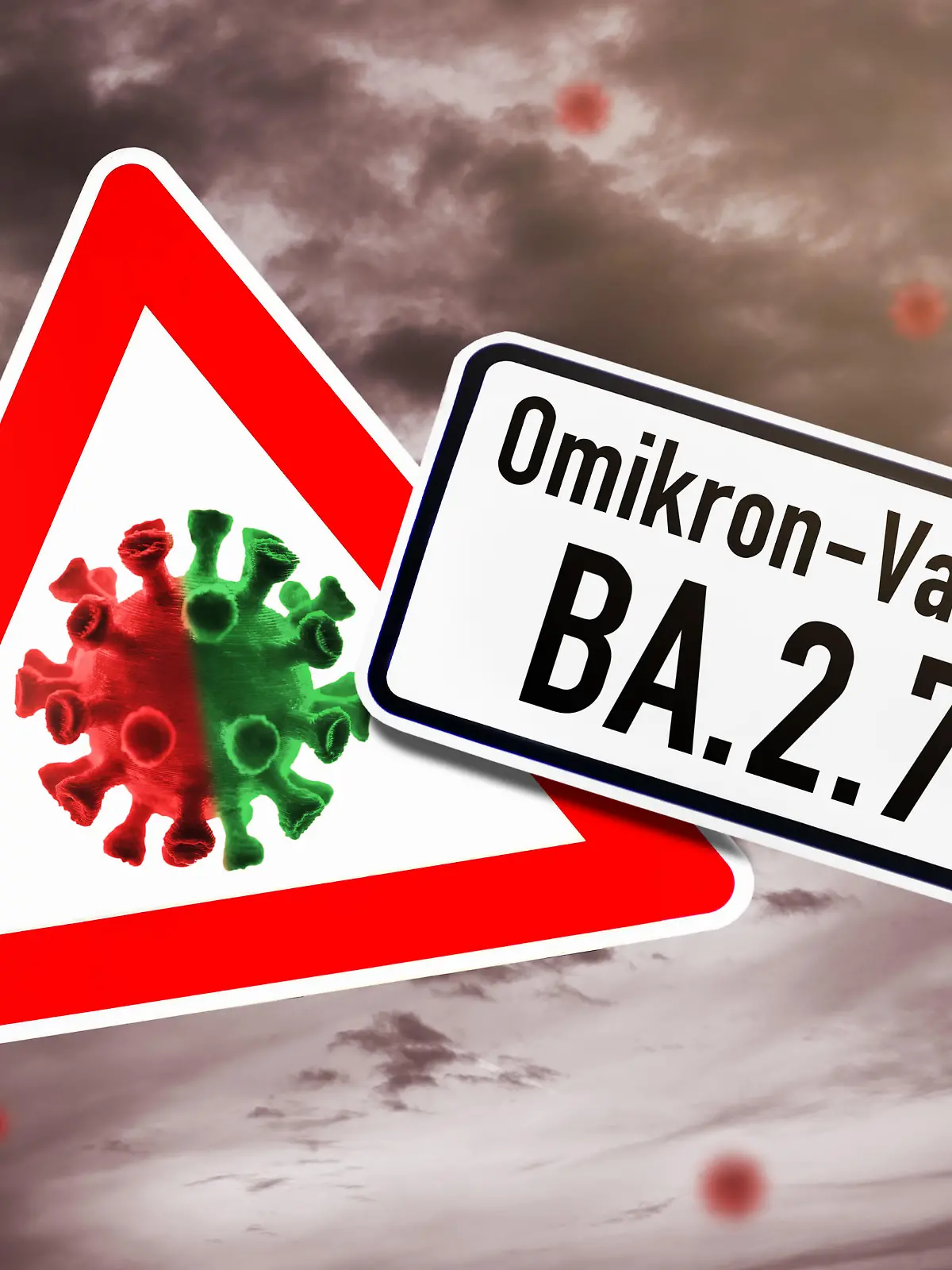 Schild mit Aufschrift Omikron-Variante BA.2.75 und Coronavirus-Symbol