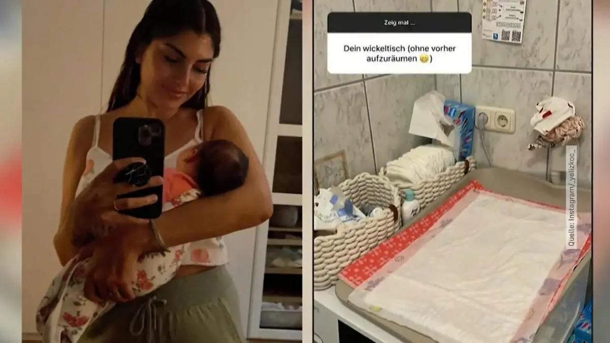 Yelic Koc wickelt ihre Tochter auf der Waschmaschine Sparsame Mama