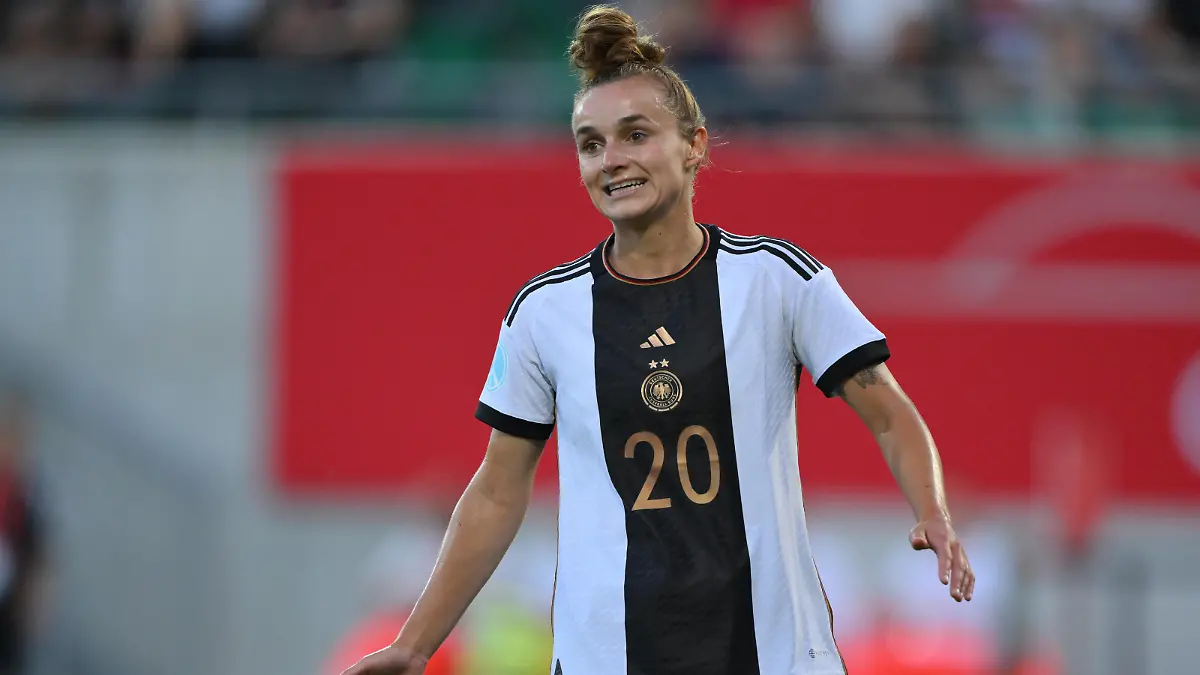 FUERTH, GERMANY - JULY 07: Lina Magull of Germany reacts during the Women's international friendly between Germany and Zambia at Sportpark Ronhof Thomas Sommer on July 07, 2023 in Fuerth, Germany. (Photo by Sebastian Widmann/Getty Images)