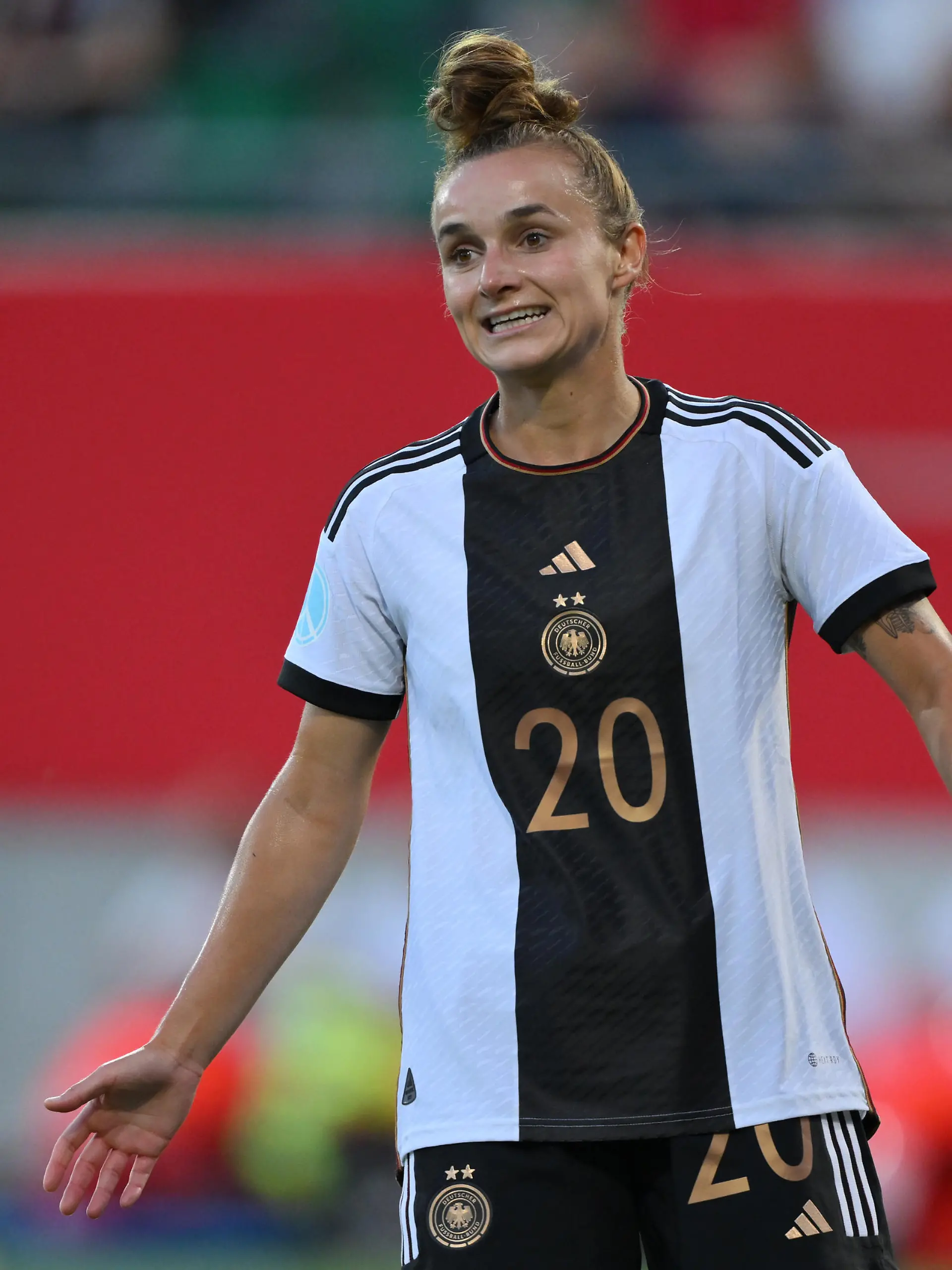FUERTH, GERMANY - JULY 07: Lina Magull of Germany reacts during the Women's international friendly between Germany and Zambia at Sportpark Ronhof Thomas Sommer on July 07, 2023 in Fuerth, Germany. (Photo by Sebastian Widmann/Getty Images)