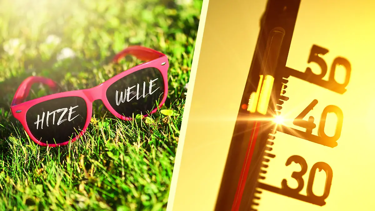 Sonnenbrille auf dem Rasen mit Aufschrift Hitzewelle und Thermometer / action press