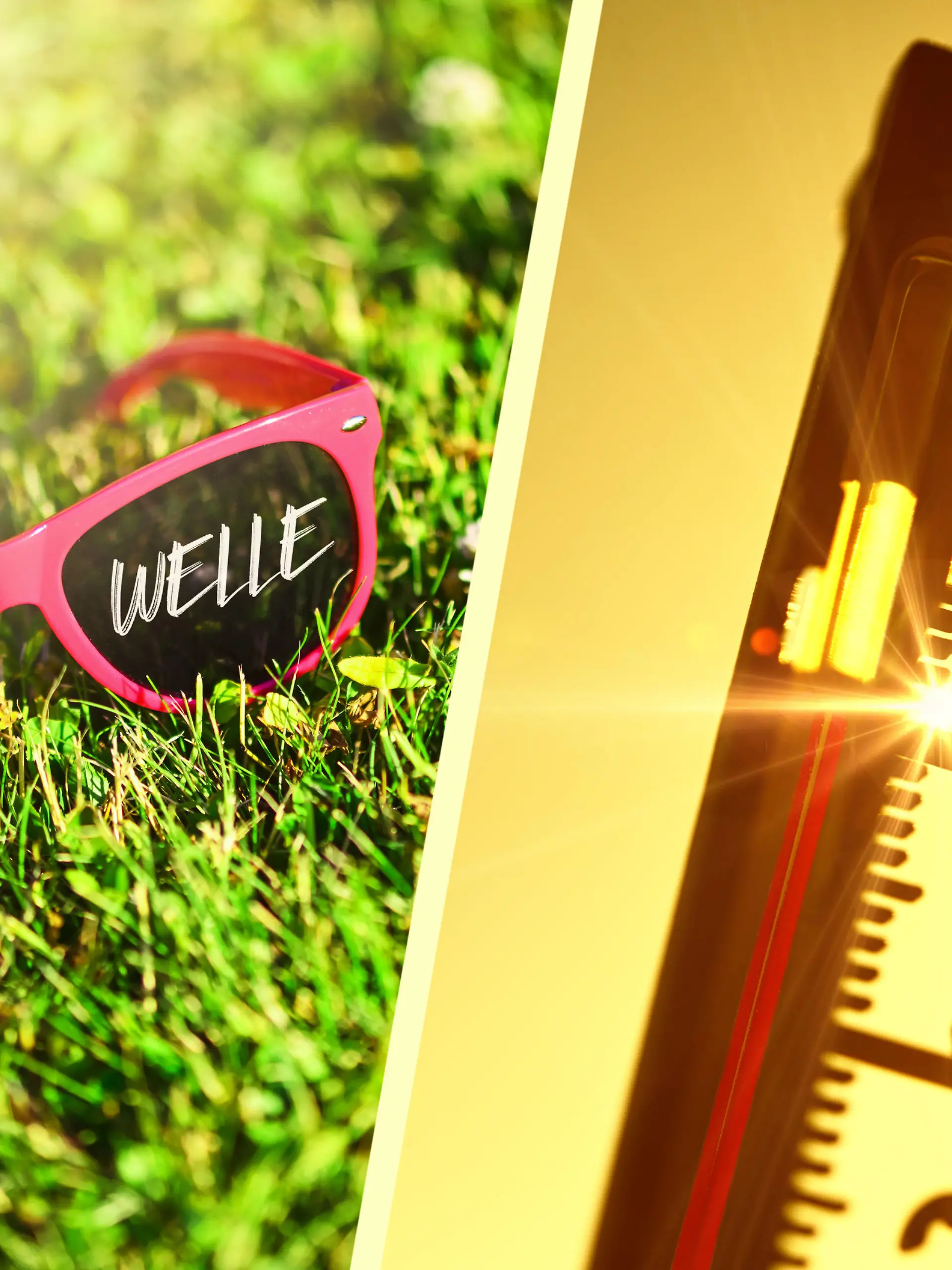 Sonnenbrille auf dem Rasen mit Aufschrift Hitzewelle und Thermometer / action press