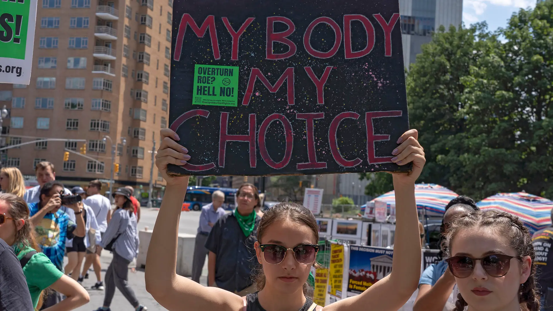 July 9, 2022, New York, United States: A woman holds a sign that says ''My Body My Choice'' during a pro-abortion rights protest at Columbus Circle in front of the Trump International Hotel. Pro-abortion rights demonstrators in 30 cities across the U.S. took part in a national day of protest to protest the Supreme Court's decision to overturn Roe v Wade organized by the Rise Up 4 Abortion Rights group. (Credit Image: © Ron Adar/SOPA Images via ZUMA Press Wire