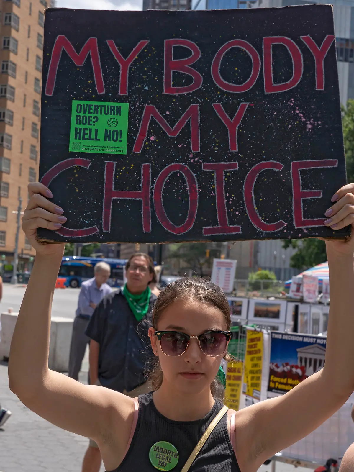 July 9, 2022, New York, United States: A woman holds a sign that says ''My Body My Choice'' during a pro-abortion rights protest at Columbus Circle in front of the Trump International Hotel. Pro-abortion rights demonstrators in 30 cities across the U.S. took part in a national day of protest to protest the Supreme Court's decision to overturn Roe v Wade organized by the Rise Up 4 Abortion Rights group. (Credit Image: © Ron Adar/SOPA Images via ZUMA Press Wire