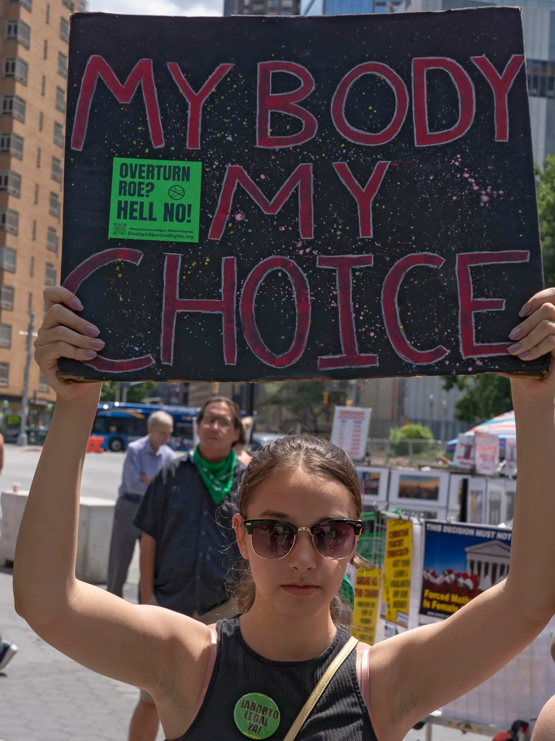 July 9, 2022, New York, United States: A woman holds a sign that says ''My Body My Choice'' during a pro-abortion rights protest at Columbus Circle in front of the Trump International Hotel. Pro-abortion rights demonstrators in 30 cities across the U.S. took part in a national day of protest to protest the Supreme Court's decision to overturn Roe v Wade organized by the Rise Up 4 Abortion Rights group. (Credit Image: © Ron Adar/SOPA Images via ZUMA Press Wire