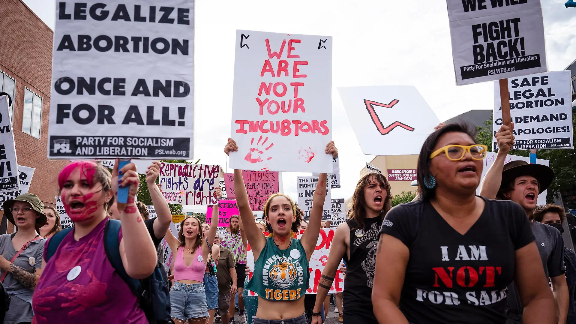 July 1, 2022, USA: People march with signs on Central Avenue during the Emergency March: Abortion Access in All 50 States in Albuquerque, New Mexico on Friday, July 1, 2022. Over 50 people gathered to rally and march in demand of President Biden to take immediate emergency action for abortion rights. The event was hosted by the Party for Socialism and Liberation. USA - ZUMAab1_ 20220701_zaf_ab1_007 Copyright: xAlbuquerquexJournalx