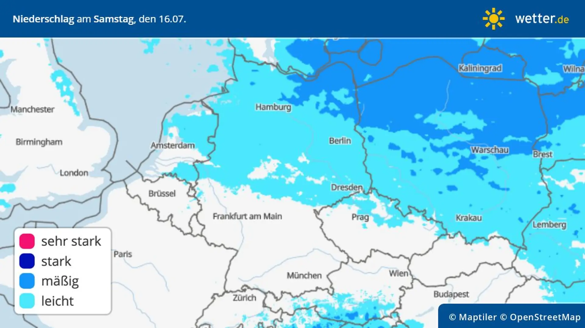 Regenwahrscheinlichkeit in Deutschland am Samstag. 16. Juli