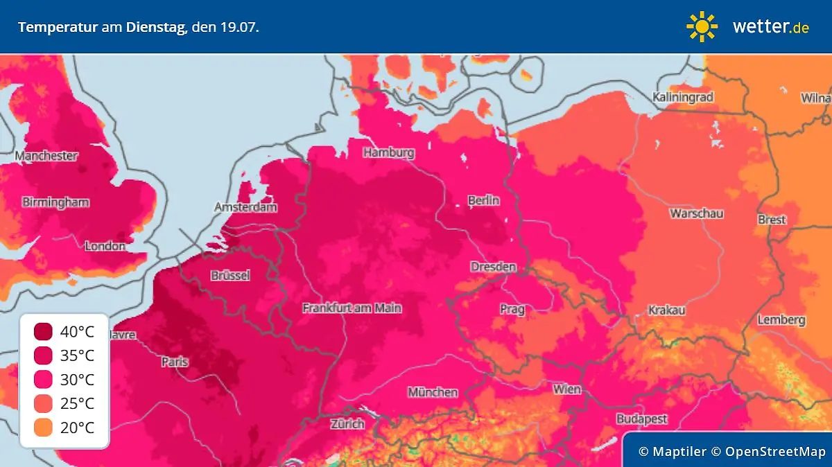 Höchsttemperaturen am Dienstag, 19. Juli in Deutschland