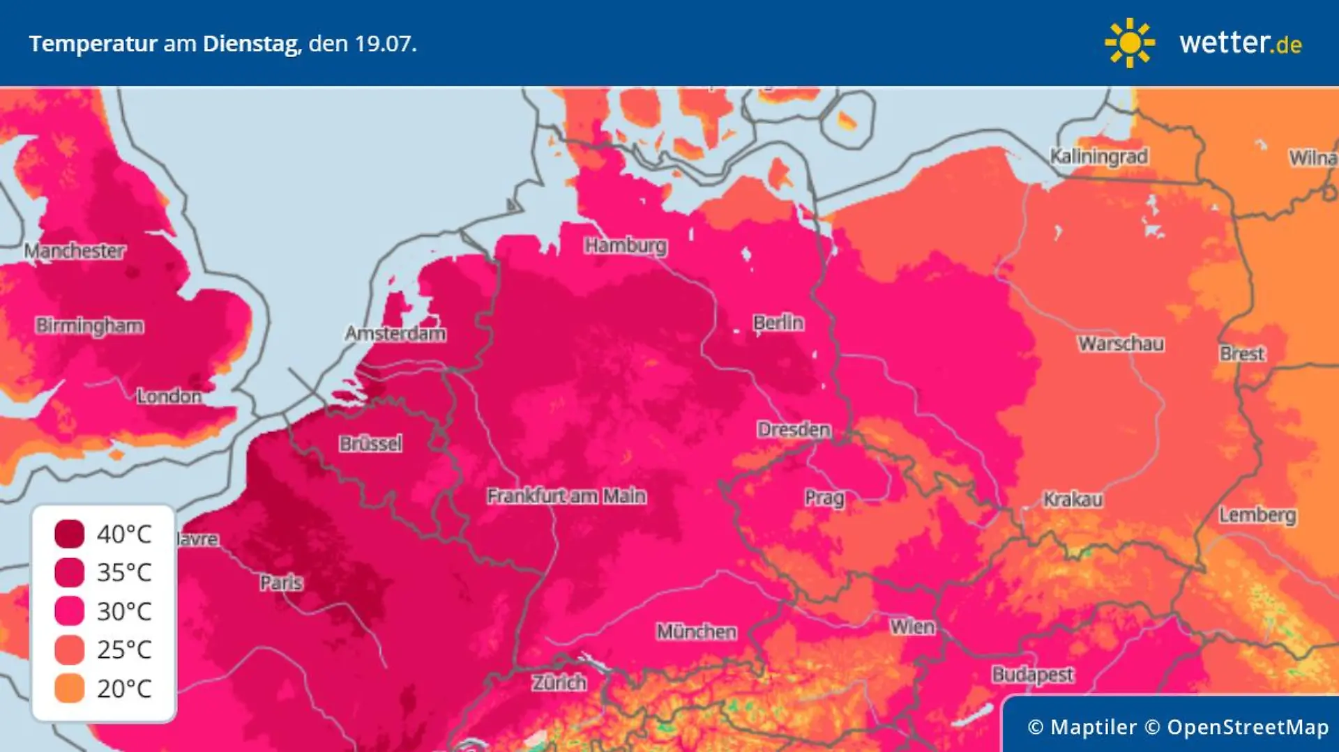 Höchsttemperaturen am Dienstag, 19. Juli in Deutschland