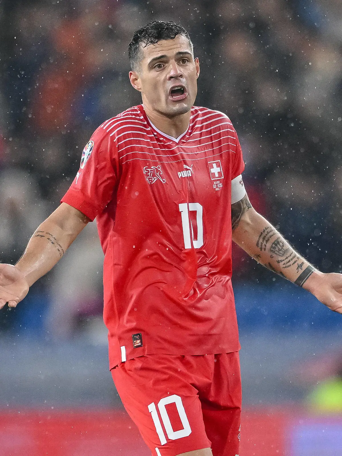 18.11.2023, Basel, Switzerland, St. Jakob-Park, Schweiz vs Kosovo - UEFA European Championship, EM, Europameisterschaft Qualification 2023/2024 Group I, Granit Xhaka Switzerland gestikuliert, gestik Foto H. Langer Basel St. Jakob-Park Switzerland *** 18 11 2023, Basel, Switzerland, St Jakob Park, Switzerland vs Kosovo UEFA European Championship Qualification 2023 2024 Group I, Granit Xhaka Switzerland gestures, gestures Photo H Langer Basel St Jakob Park Switzerland PUBLICATIONxINxGERxSUIxAUTxONLY / 541_SCHKOS20231118_020 / Langer-541