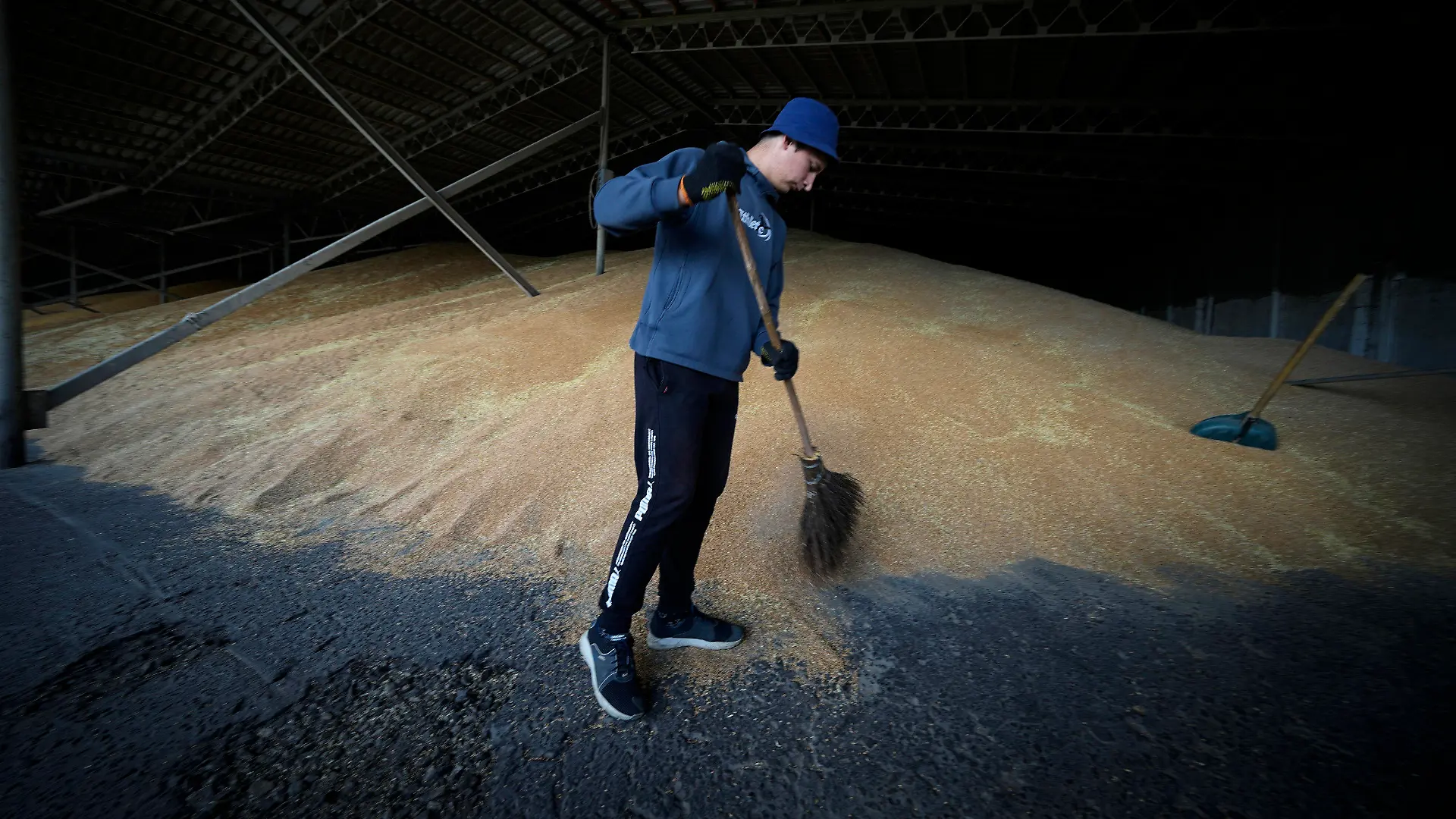 12.07.2022, Ukraine, Starobilsk: Ein Arbeiter trocknet das Getreide in einem landwirtschaftlichen Betrieb in Kalmychanks im Bezirk Starobilsk, auf dem Gebiet, das unter der Kontrolle der Regierung der Volksrepublik Luhansk steht, im Osten der Ukraine. Dieses Bild wurde während einer vom russischen Verteidigungsministerium organisierten Reise aufgenommen. Foto: Uncredited/AP/dpa +++ dpa-Bildfunk +++