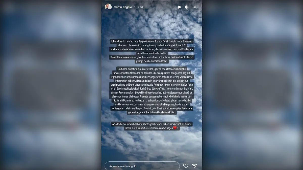 Martin Angelo äußert sich in seiner Instagram-Story zu den ganzen Anfragen, die ihn wegen Dominic Smiths Tod erreichen.
