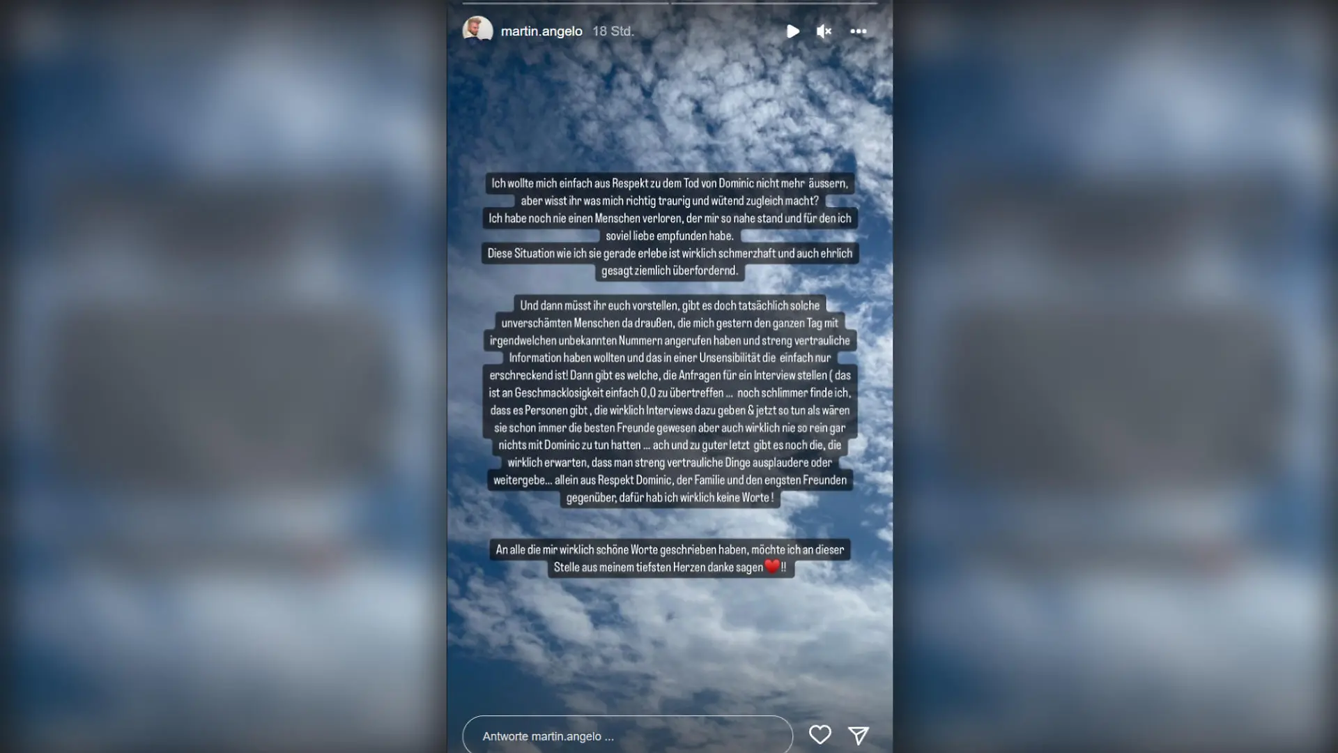 Martin Angelo äußert sich in seiner Instagram-Story zu den ganzen Anfragen, die ihn wegen Dominic Smiths Tod erreichen.