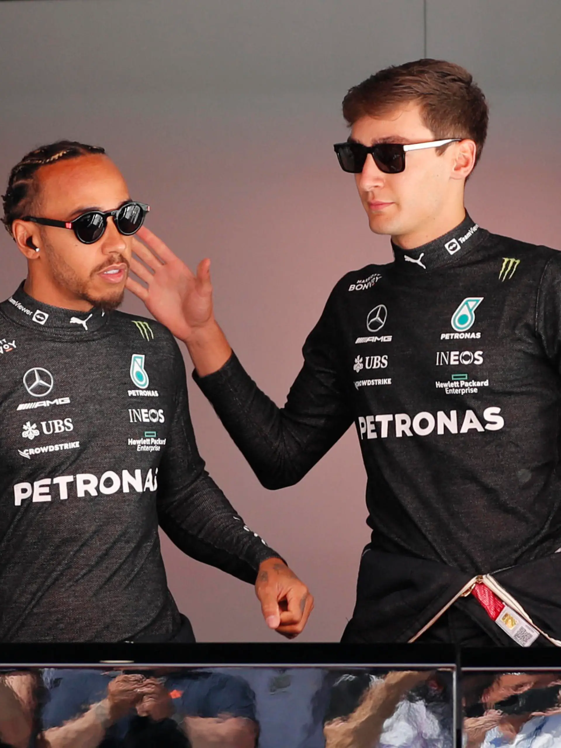 Formula One F1 - Spanish Grand Prix - Circuit de Barcelona-Catalunya, Barcelona, Spain - May 21, 2022  Mercedes' Lewis Hamilton and George Russell ahead of qualifying REUTERS/Nacho Doce