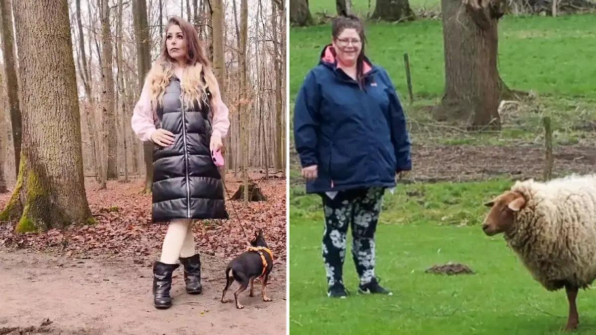 Joana mit ihrem Hund im Wald und Joana vor zwei Jahren bei einem Spaziergang.