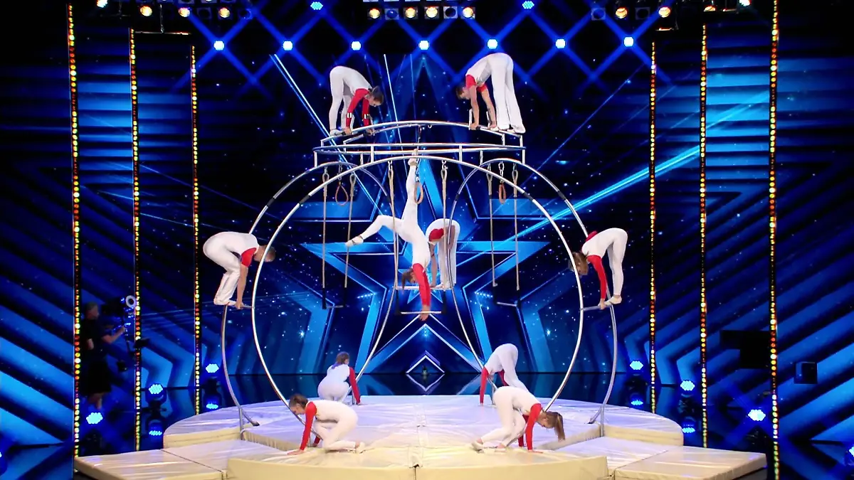 "The Spinning Artists" tanzen auf einem einzigartigen Gerät Das riesige Ringtrapez beeindruckt alle