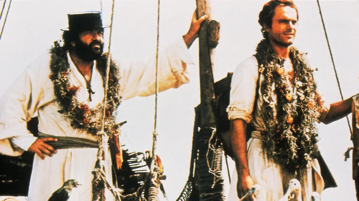 Pater J. (Terence Hill, re.) und Pater Pedro (Bud Spencer) sollen die frohe Botschaft an den Mann bringen.