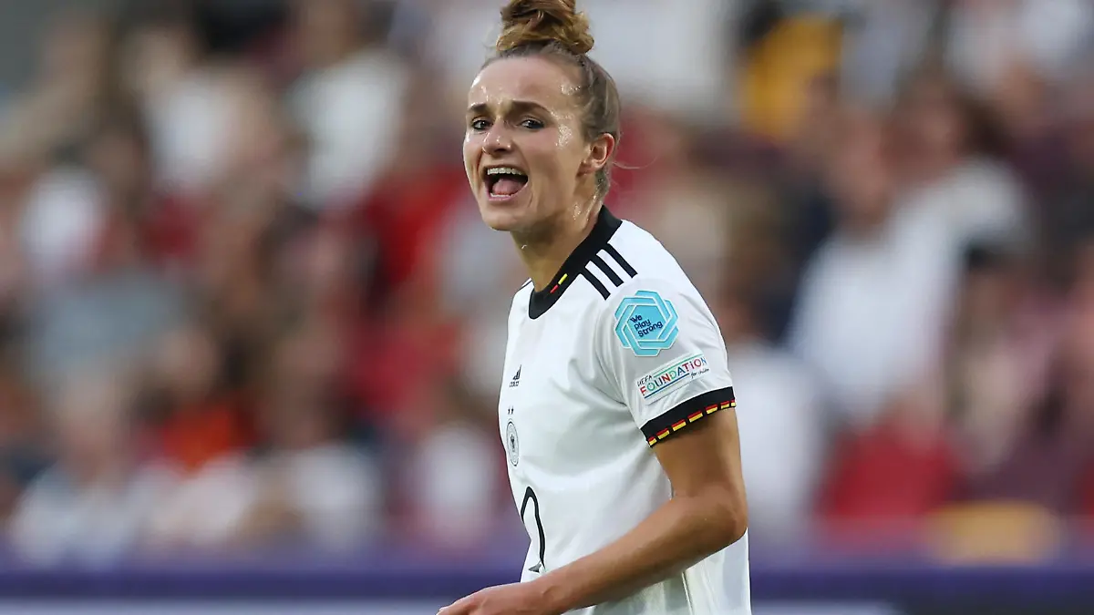 BRENTFORD, ENGLAND - JULY 12: Lina Magull of Germany reacts during the UEFA Women's Euro England 2022 group B match between Germany and Spain at Brentford Community Stadium on July 12, 2022 in Brentford, England. (Photo by Maja Hitij/Getty Images for DFB)