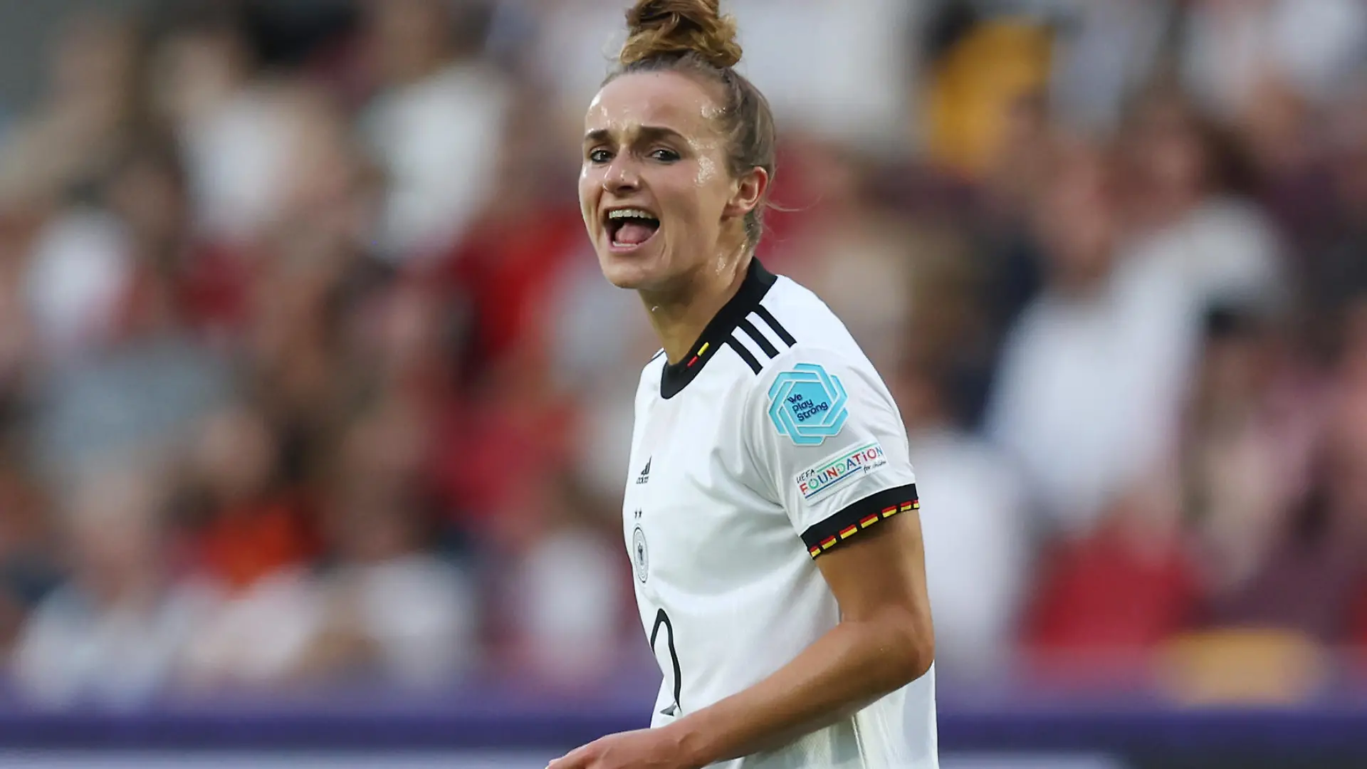 BRENTFORD, ENGLAND - JULY 12: Lina Magull of Germany reacts during the UEFA Women's Euro England 2022 group B match between Germany and Spain at Brentford Community Stadium on July 12, 2022 in Brentford, England. (Photo by Maja Hitij/Getty Images for DFB)