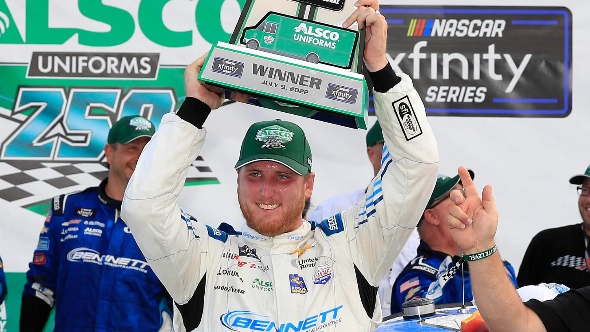 ATLANTA, GA - JULY 09: Austin Hill 21 Richard Childress Racing Bennett Transportation and Logistics Chevrolet celebrates winning the 2nd Annual Xfinity Series Alsco Uniforms 250 on July 9, 2022 at the Atlanta Motor Speedway in Hampton, Georgia. Photo by David J. Griffin/Icon Sportswire AUTO: JUL 09 NASCAR, Motorsport, USA Xfinity Series Alsco Uniforms 250 Icon95322070906962