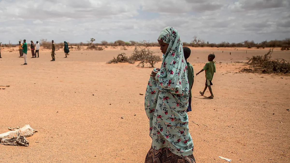 April 14, 2022, Dollow, Jubaland, Somalia: A child displaced by drought walks past the rotting carcasses of goats which died from hunger and thirst on the outskirts of Dollow, Somalia. Dollow Somalia - ZUMAs197 20220414_zab_s197_141 Copyright: xSallyxHaydenx 
