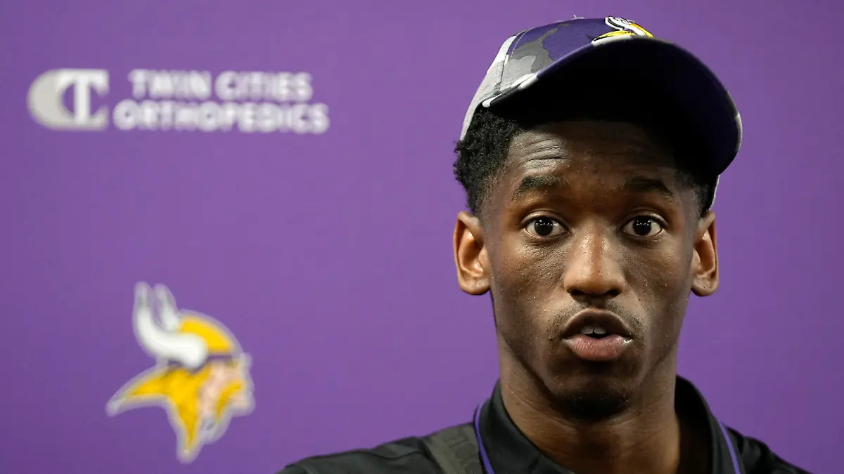 FILE - Minnesota Vikings first-round draft pick Jordan Addison speaks to the media during an NFL football press conference in Eagan, Minn., Friday, April 28, 2023. Addison was cited early Thursday, July 20, for speeding and reckless driving, after a state trooper clocked him at 140 mph in his sports car in a 55 mph zone. The Minnesota State Patrol said Addison was pulled over without resistance in a Lamborghini Urus at 3:07 a.m. (AP Photo/Abbie Parr, File)