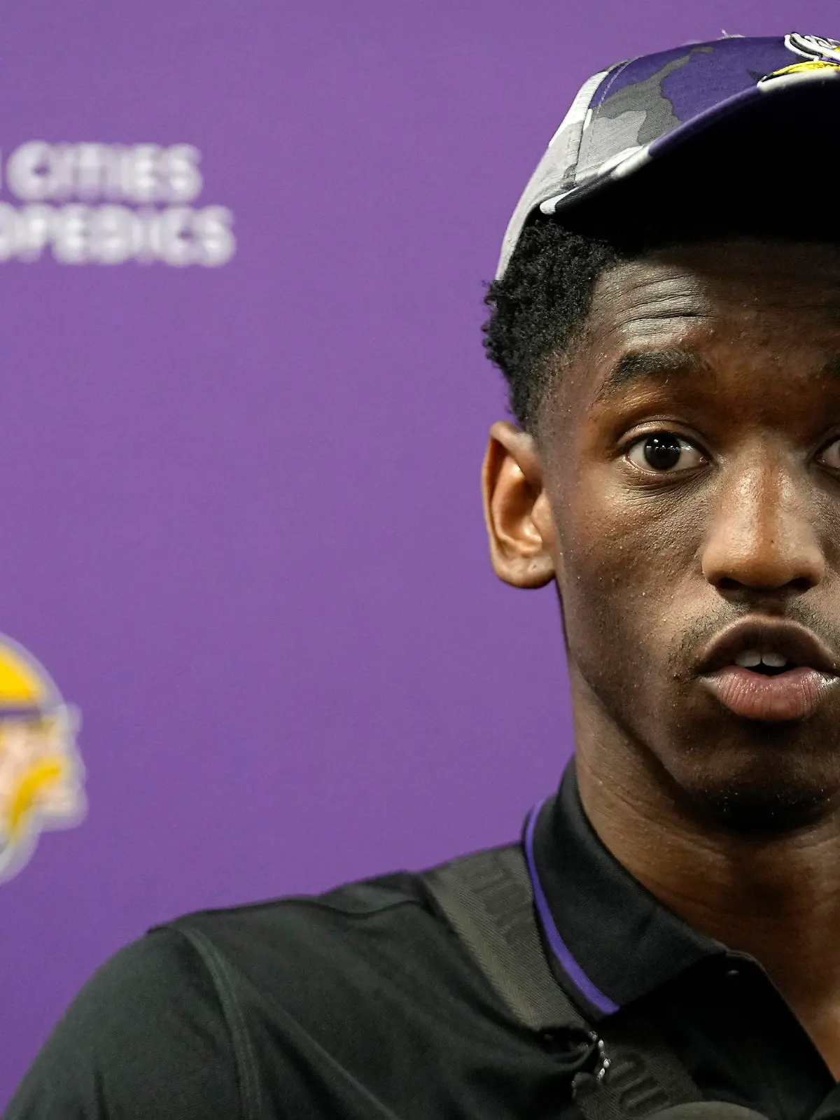 FILE - Minnesota Vikings first-round draft pick Jordan Addison speaks to the media during an NFL football press conference in Eagan, Minn., Friday, April 28, 2023. Addison was cited early Thursday, July 20, for speeding and reckless driving, after a state trooper clocked him at 140 mph in his sports car in a 55 mph zone. The Minnesota State Patrol said Addison was pulled over without resistance in a Lamborghini Urus at 3:07 a.m. (AP Photo/Abbie Parr, File)