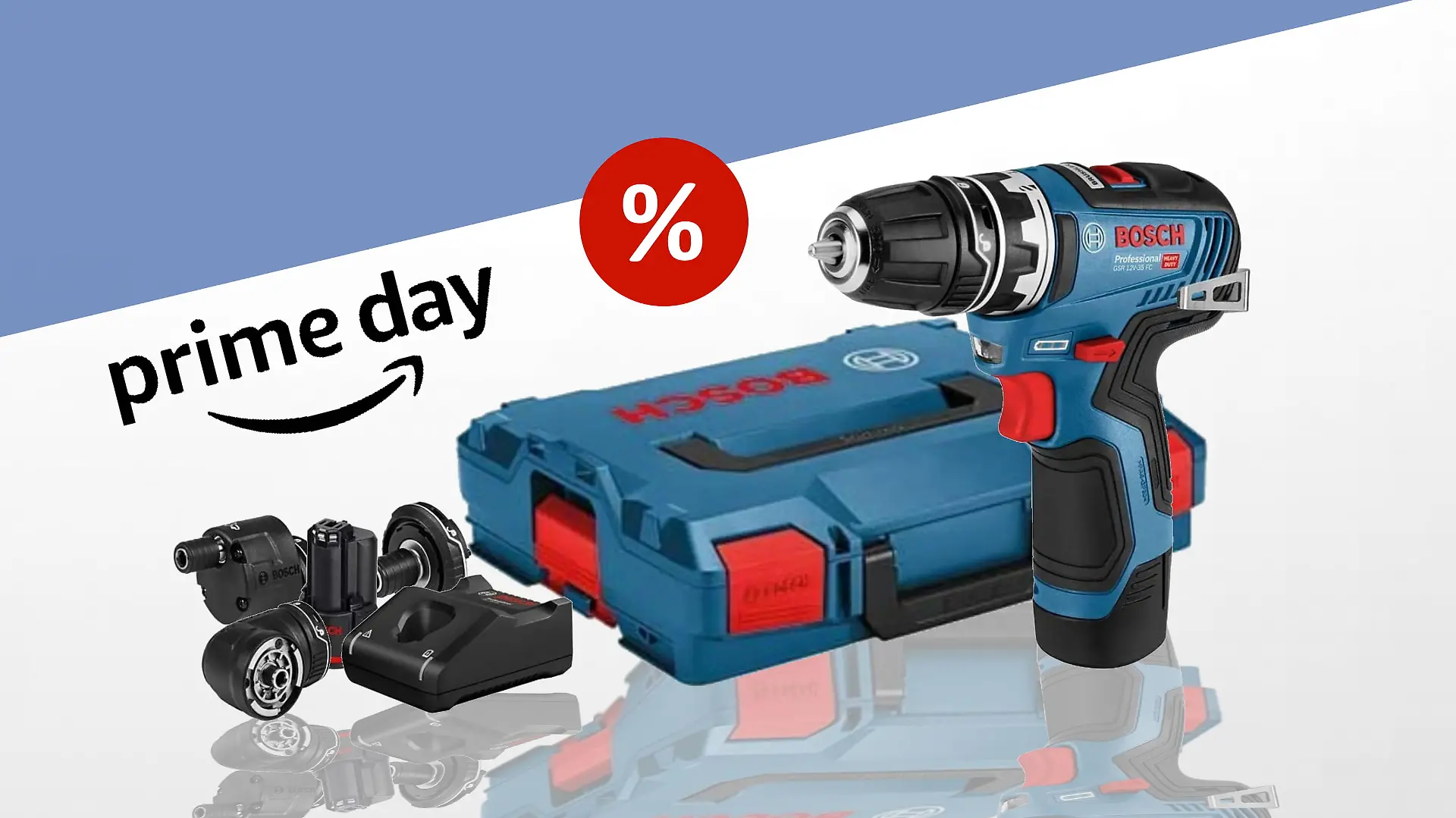 Ein Akku-Bohrschrauber im Set auf blau-weißem Hintergrund, erstellt für den Prime Day.