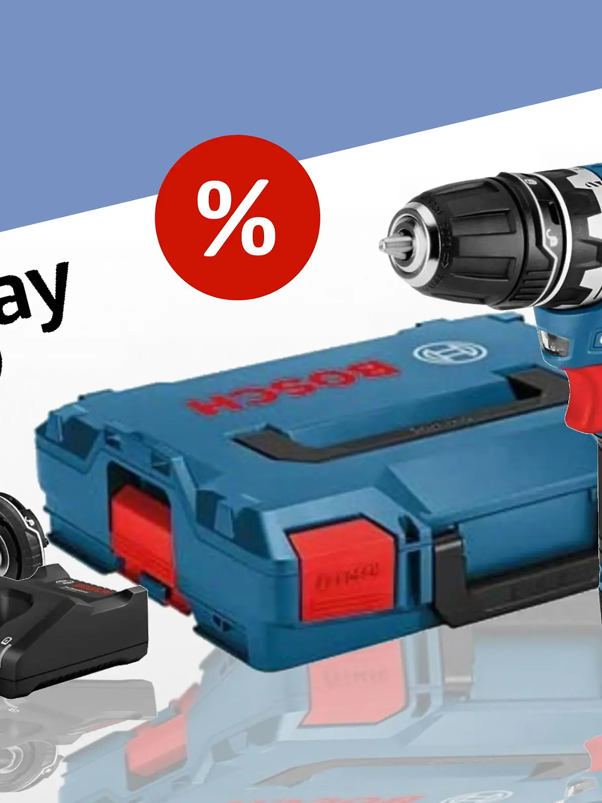 Ein Akku-Bohrschrauber im Set auf blau-weißem Hintergrund, erstellt für den Prime Day.