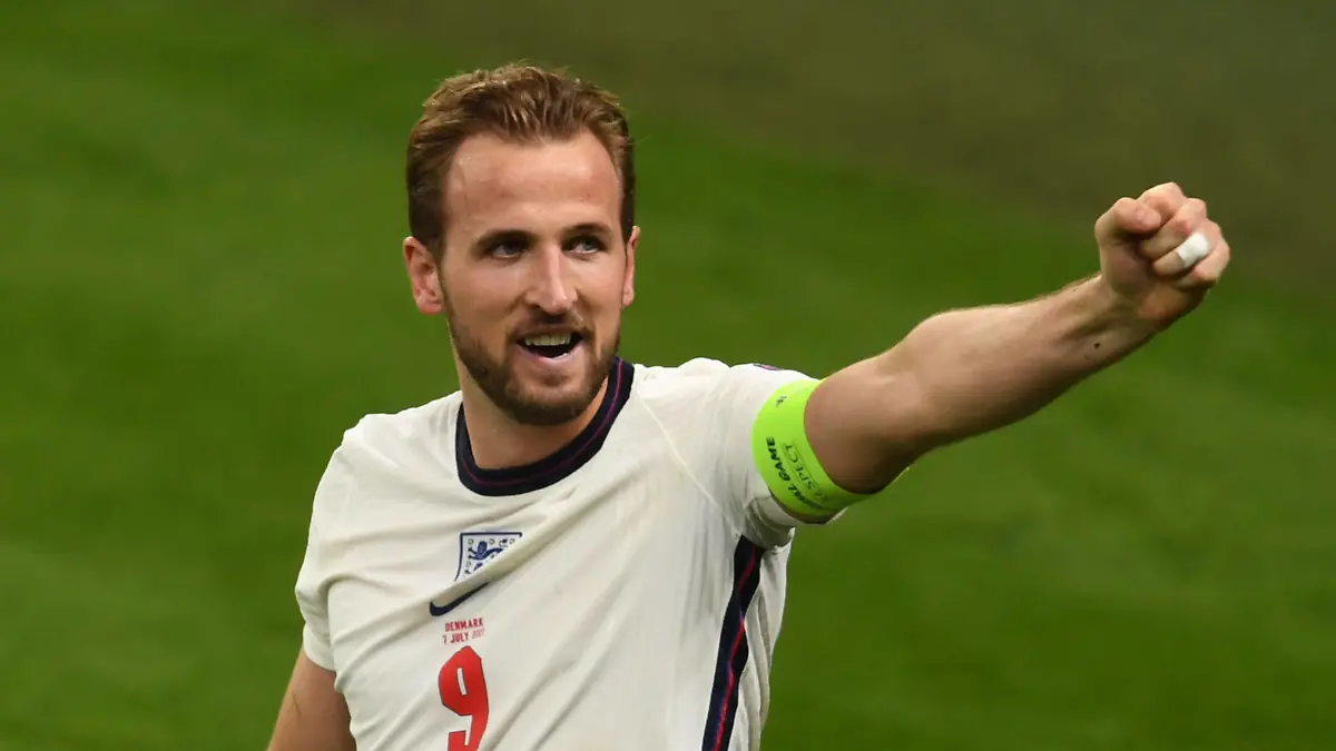 Harry Kane England celebrates after scoring his team s second goal during the Uefa European Championship, EM, Europameisterschaft 2020 Semifinals match between England 2-1 Denmark at Wembley Stadium on July 07, 2021 in London, England. Noxthirdxpartyxsales PUBLICATIONxNOTxINxJPN 164164592 