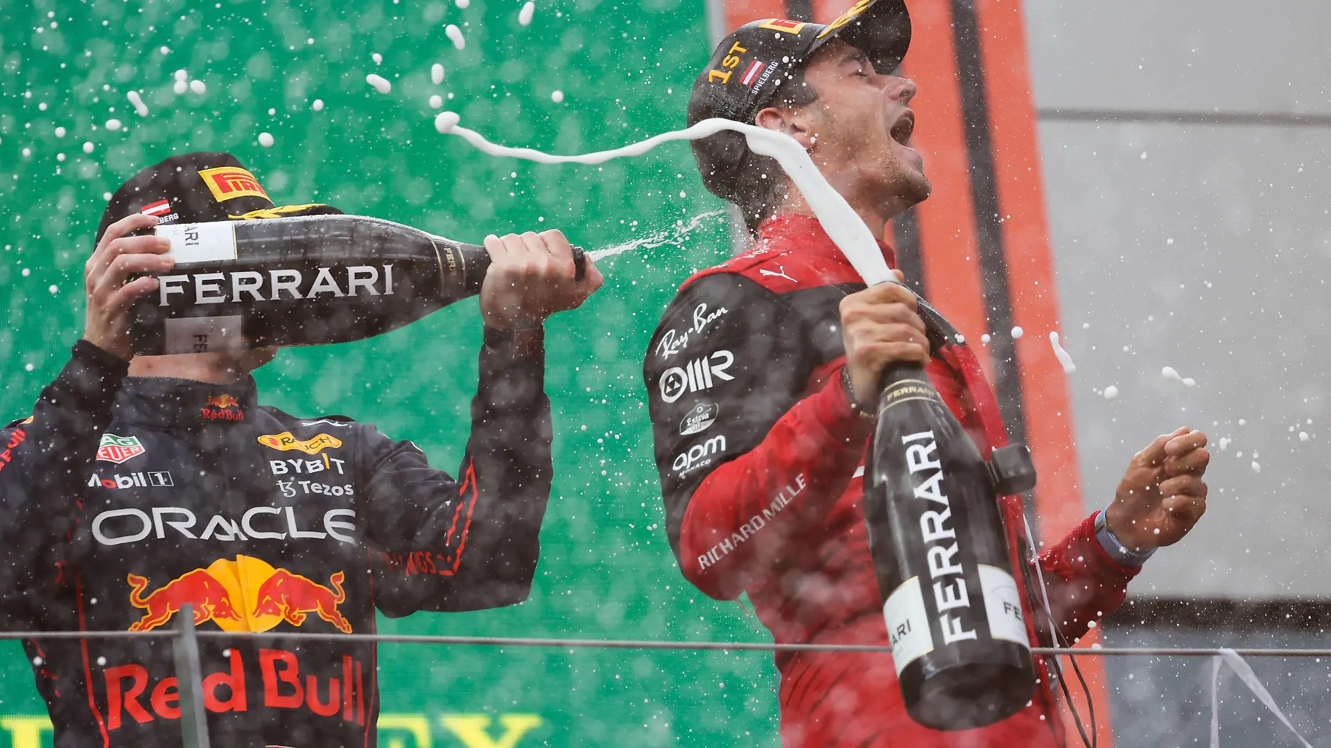 F1 Austrian Grand Prix Max Verstappen of Red Bull Racing and Charles Leclerc of Ferrari at the podium of the Formula 1 Austrian Grand Prix at Red Bull Ring in Spielberg, Austria on July 10, 2022. Spielberg Austria PUBLICATIONxNOTxINxFRA Copyright: xJakubxPorzyckix originalFilename:porzycki-f1austri220710_npJt7.jpg