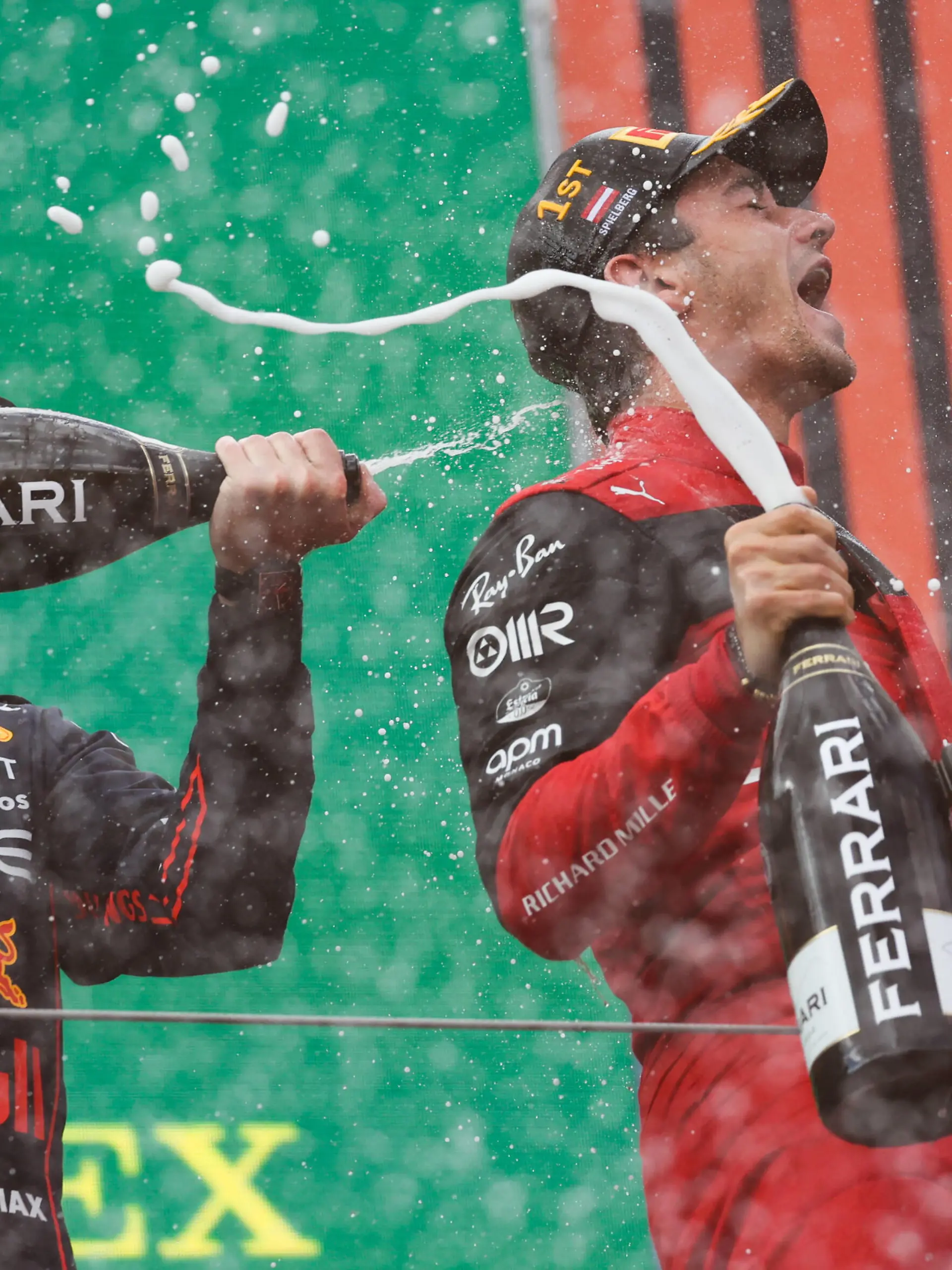  F1 Austrian Grand Prix Max Verstappen of Red Bull Racing and Charles Leclerc of Ferrari at the podium of the Formula 1 Austrian Grand Prix at Red Bull Ring in Spielberg, Austria on July 10, 2022. Spielberg Austria PUBLICATIONxNOTxINxFRA Copyright: xJakubxPorzyckix originalFilename:porzycki-f1austri220710_npJt7.jpg